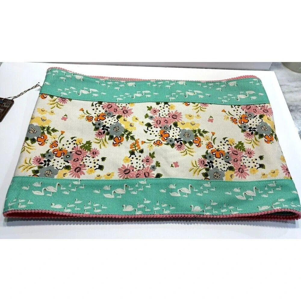 Matilda Jane Feathered Friend Table Runner Floral Aqua Stipe 88” X 13.5” Cotton